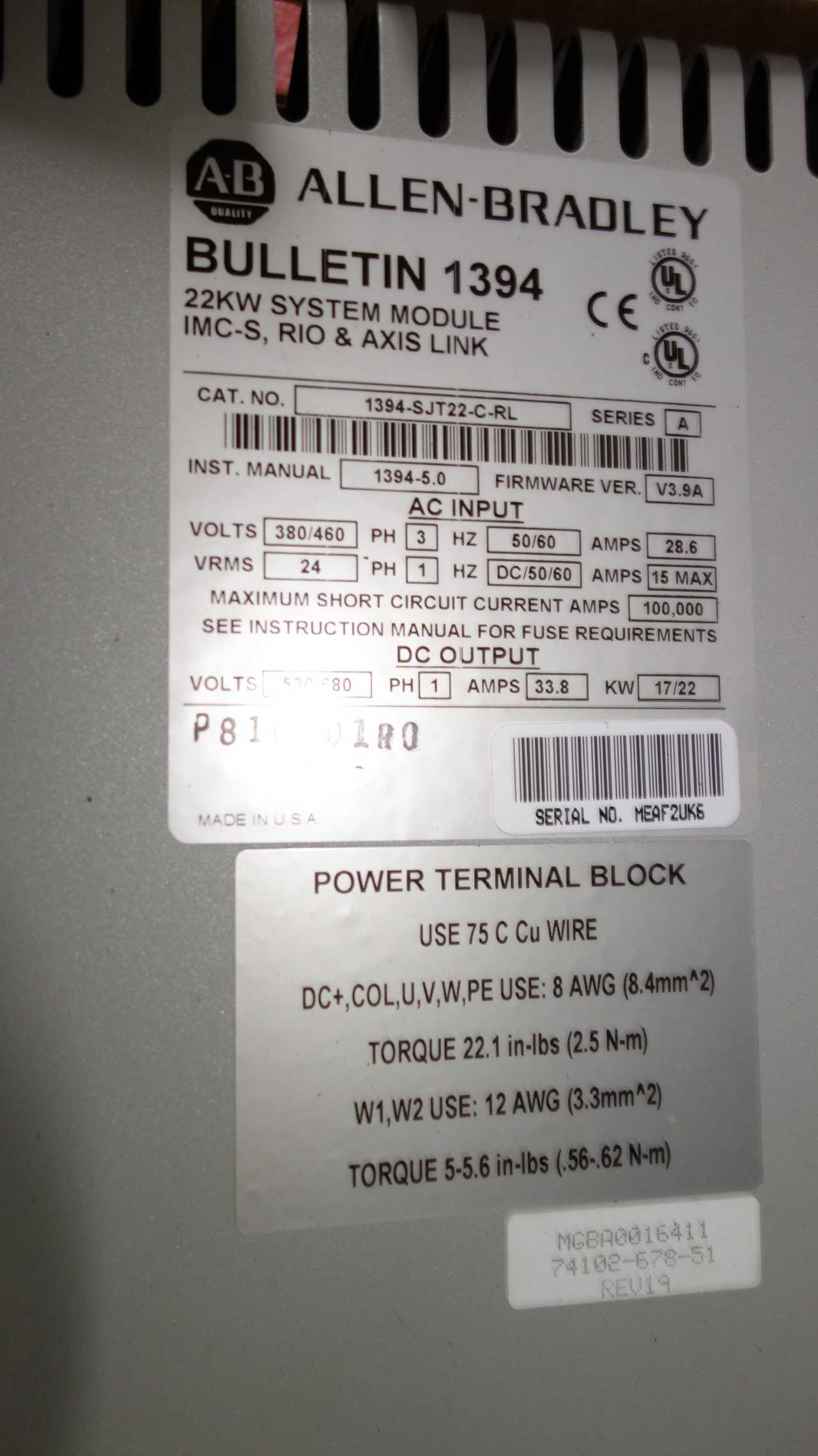ALLEN BRADLEY 1394-SJT22-C-RL 22KW SYSTEM MODULE - AUTOMATION & CONTROLS