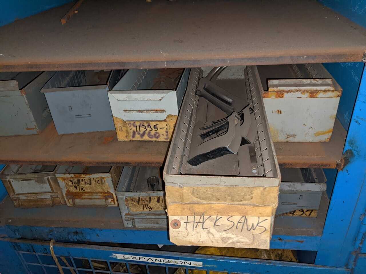 CABINET WITH CONTENTS, ASSORTED TOOLS, SAWS, SOCKETS, BUMP CAPS - HAND TOOLS