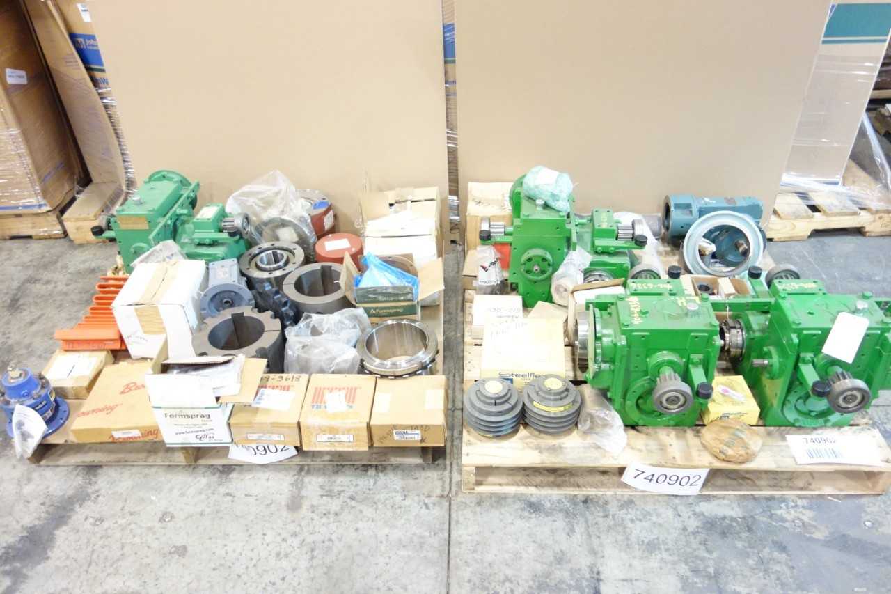 2 PALLETS OF ASSORTED GEAR REDUCERS, BRAKES AND CLUTCHES, BUSHINGS, CHAIN SPROCKETS- SKF, FALK, TB WOODS, BROWNING - GEAR REDUCERS