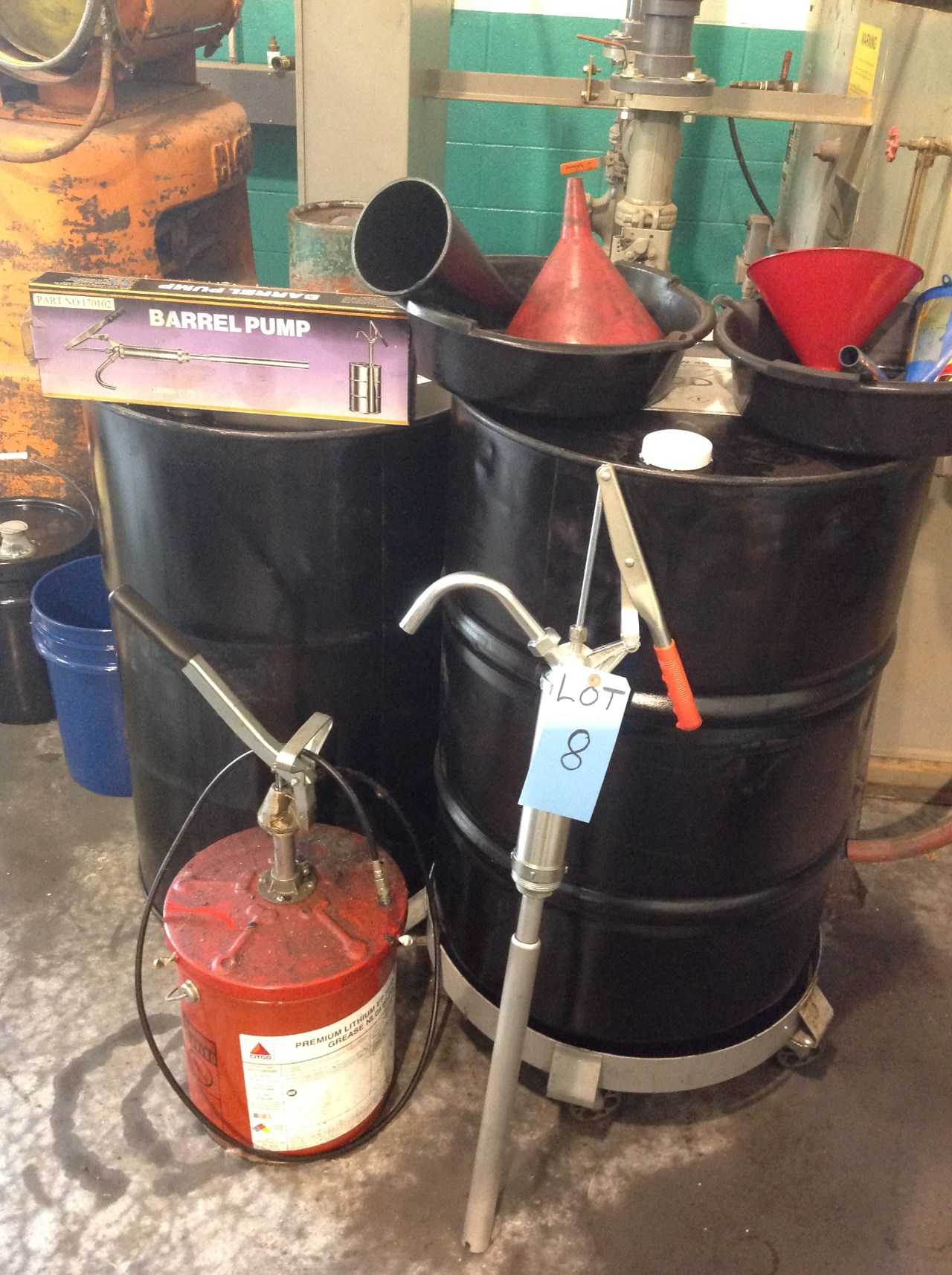 Lot of Funnel and Drums, 5gal. Grease tank w/ pump, Barrell Pump, Drum dolly - MISCELLANEOUS