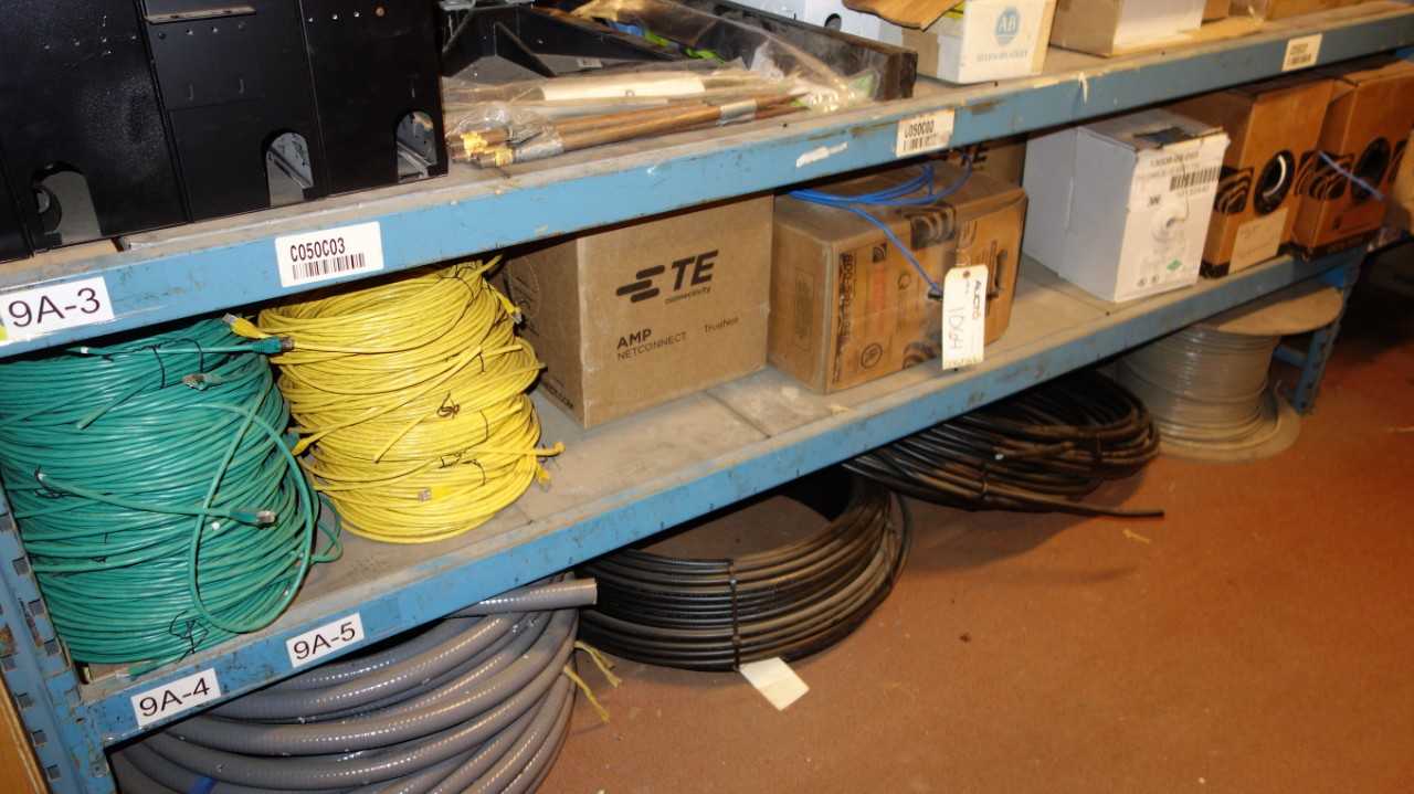 CONTENTS OF 2 SHELVES, ASSORTED ELECTRIC COMMUNICATION CABLES - ELECTRICAL COMPONENTS