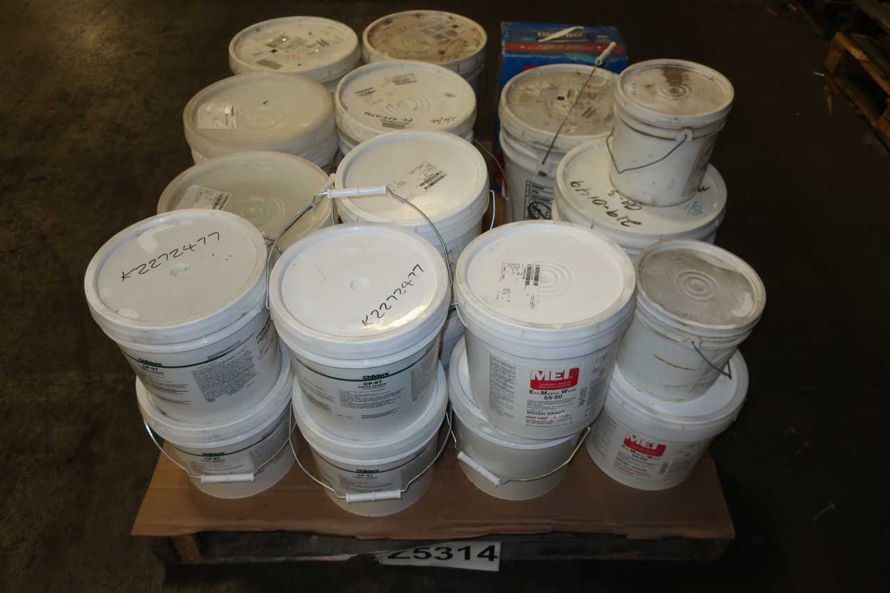 1 PALLET OF ASSORTED BUCKETS OF ADHESIVES COATING INSULATION OIL DRY - MISCELLANEOUS