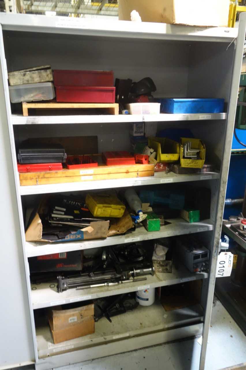 Cabinet with contents - tap and die sets, gear pullers, shim stock