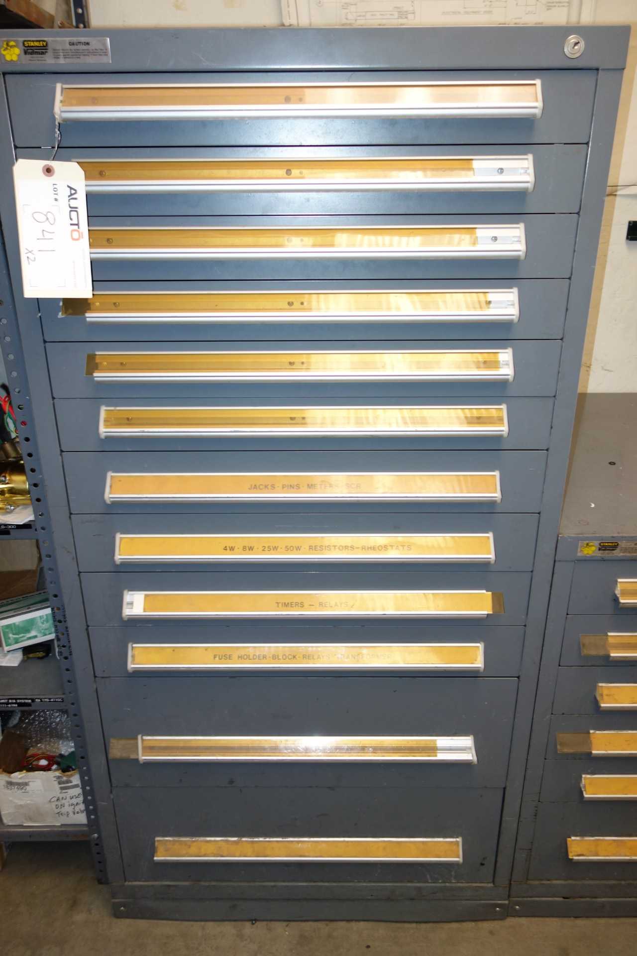 Lot of 2 Stanley Vidmar Cabinets with Contents - Resistors, Timers, Relays, Capacitors, Starters, Transformers - TOOL STORAGE