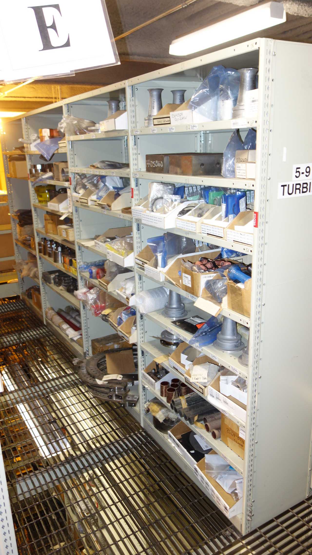 CONTENTS OF 4 SHELF COLUMNS, TURBINE PARTS - SHELVING