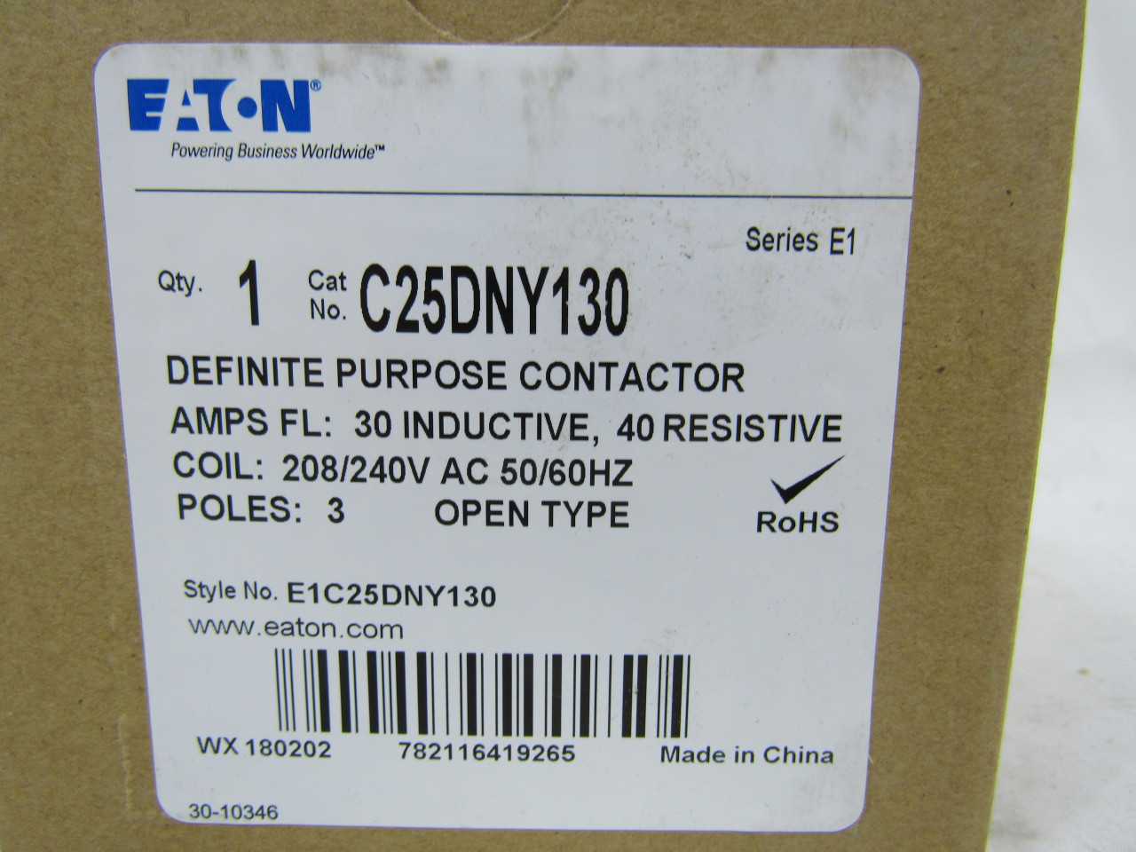 Quantity 100 of Eaton C25DNY130 Definite Purpose Contactor Open 3P 30A - CONTACTORS