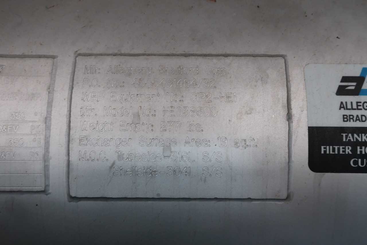 ALLEGHENY BRADFORD HE038600 STAINLESS STEEL 2IN 1IN OTHER HEAT EXCHANGER