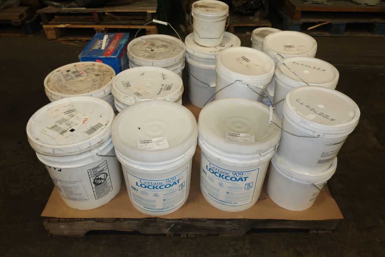1 PALLET OF ASSORTED BUCKETS OF ADHESIVES COATING INSULATION OIL DRY - MISCELLANEOUS