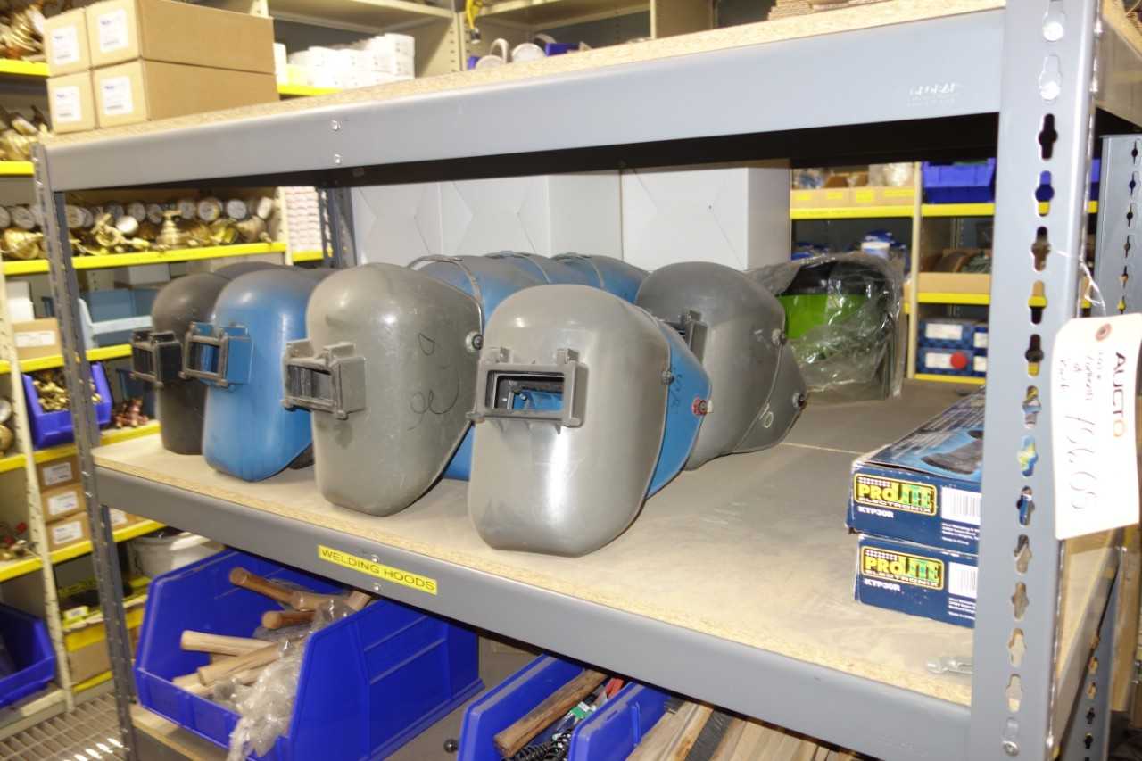 Contents of racking - assorted welding hoods, brushes, hammers, wire - HAND TOOLS