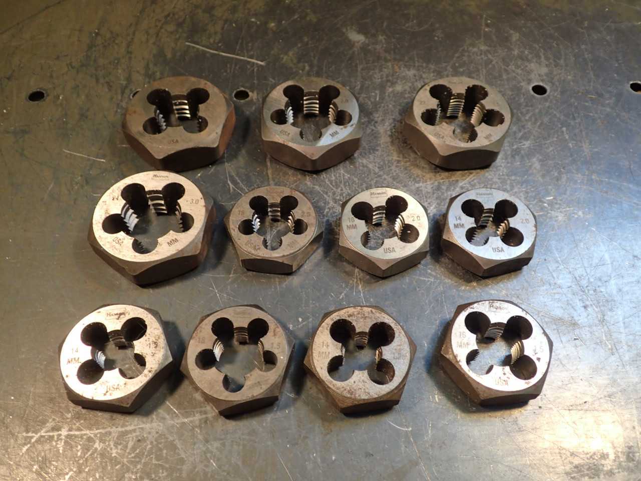11 Pc Lot Hansen Hex Body Metric Rethreading Dies: 14mm 16mm 18mm 20mm 22mm 24mm - END MILLS