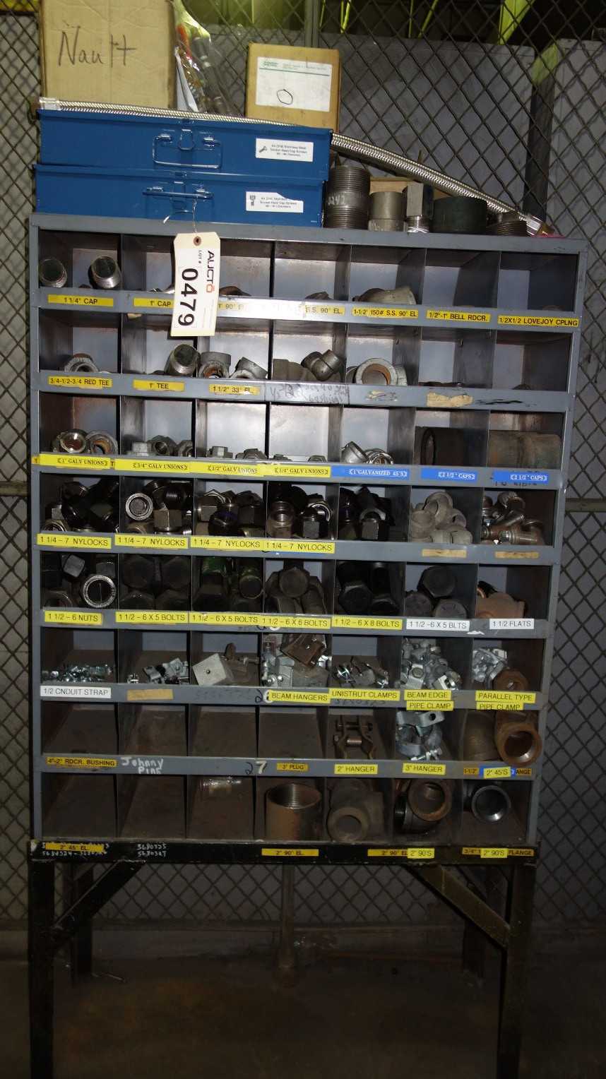 CABINET WITH CONTENTS ASSORTED PIPE FITTINGS NUTS AND SCREWS - TOOL STORAGE