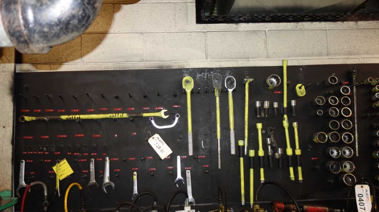 CONTENTS OF WALL, OPEN ENDED CRESCENT WRENCHES, SOCKET WRENCHES, SOCKETS, AND EXTENSIONS - HAND TOOLS