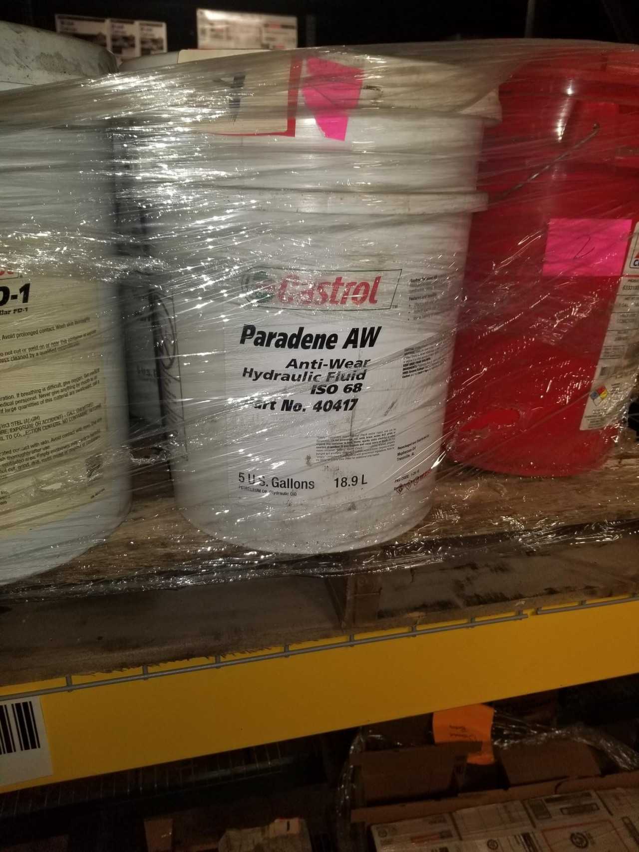 Lot of 4 Pails - CASTROL PARADENE AW Anti-Wear Hydraulic Fluid ISO 68 5GA (20 gallons total) - INDUSTRIAL PARTS