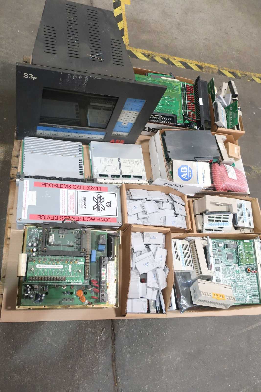 1 PALLET OF ASSORTED ELECTRICAL CIRCUIT BOARDS, MODULES, COMM CONTROLS, AC MOTOR DRIVE, INPUT/OUTPUT MODULE CONTROLS, INTERFACE PANEL CONTROLS- EMERSON, GENERAL ELECTRIC, ALLEN BRADLEY, AEG MODICON, ABB - AUTOMATION & CONTROLS