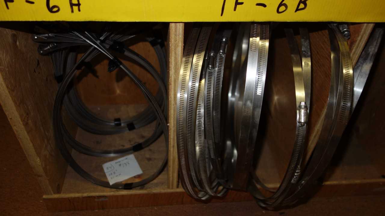 CONTENTS OF PIGEON HOLE CABINET, ASSORTED STAINLESS HOSE CLAMPS, TRIDON - ELECTRIC POWER TOOLS