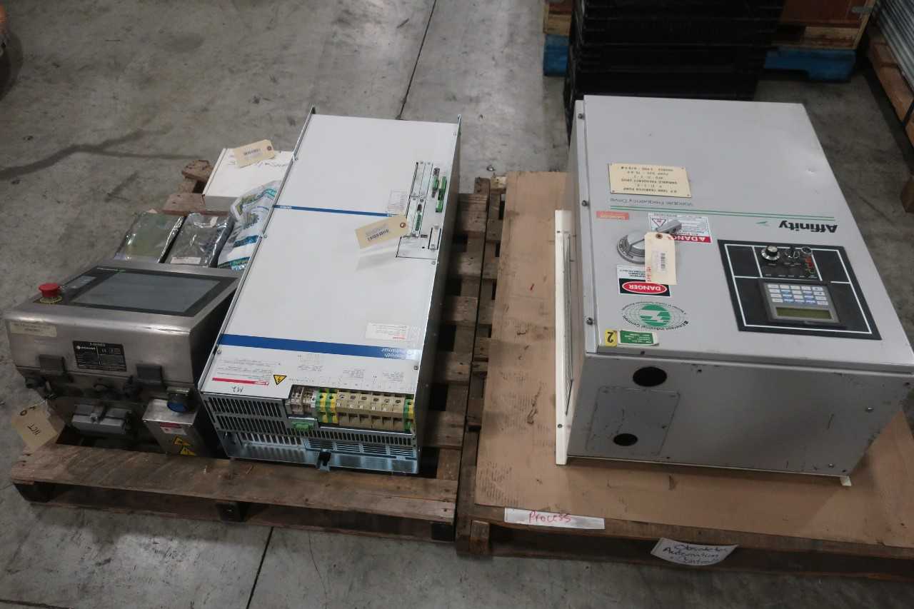 2 PALLETS OF CONTROLS AND ELECTRICAL MOTOR DRIVE, SERVO CONTROLLER, LASER SCRIBING CONTROLLER, MODULE CONTROLS, POWER SUPPLY CONTROLS- EMERSON INDUSTRIAL CONTROLS, DOMINO, INDRAMAT, GIDDINGS & LEWIS, URAKWA - AUTOMATION & CONTROLS