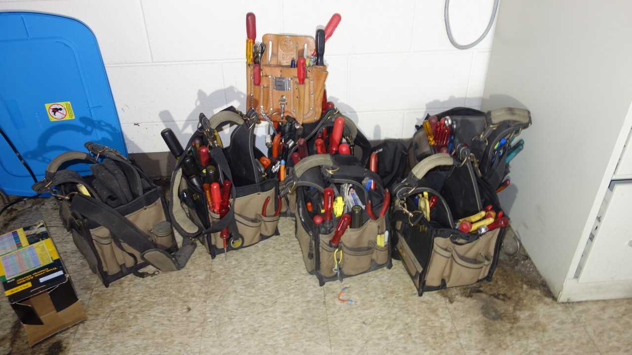 LOT OF ASSORTED HAND TOOLS WITH TOOL HOLDERS - HAND TOOLS