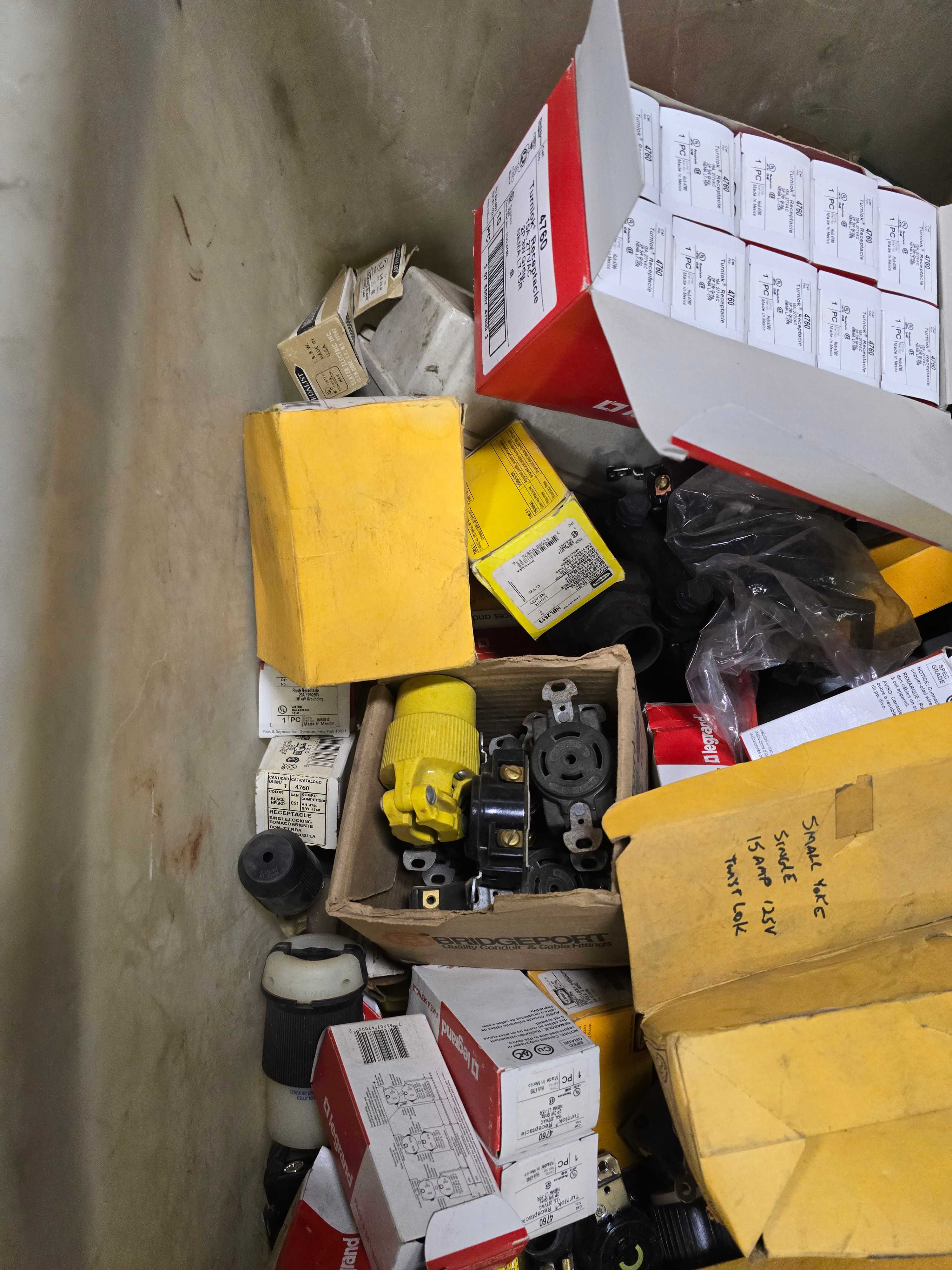 LARGE PLASTIC BIN OF PLUGS & RECEPTACLES - HUBBELL, LEGRAND, RUSSELL STOLL, ARROW HART, ETC. - PLUGS & RECEPTACLES