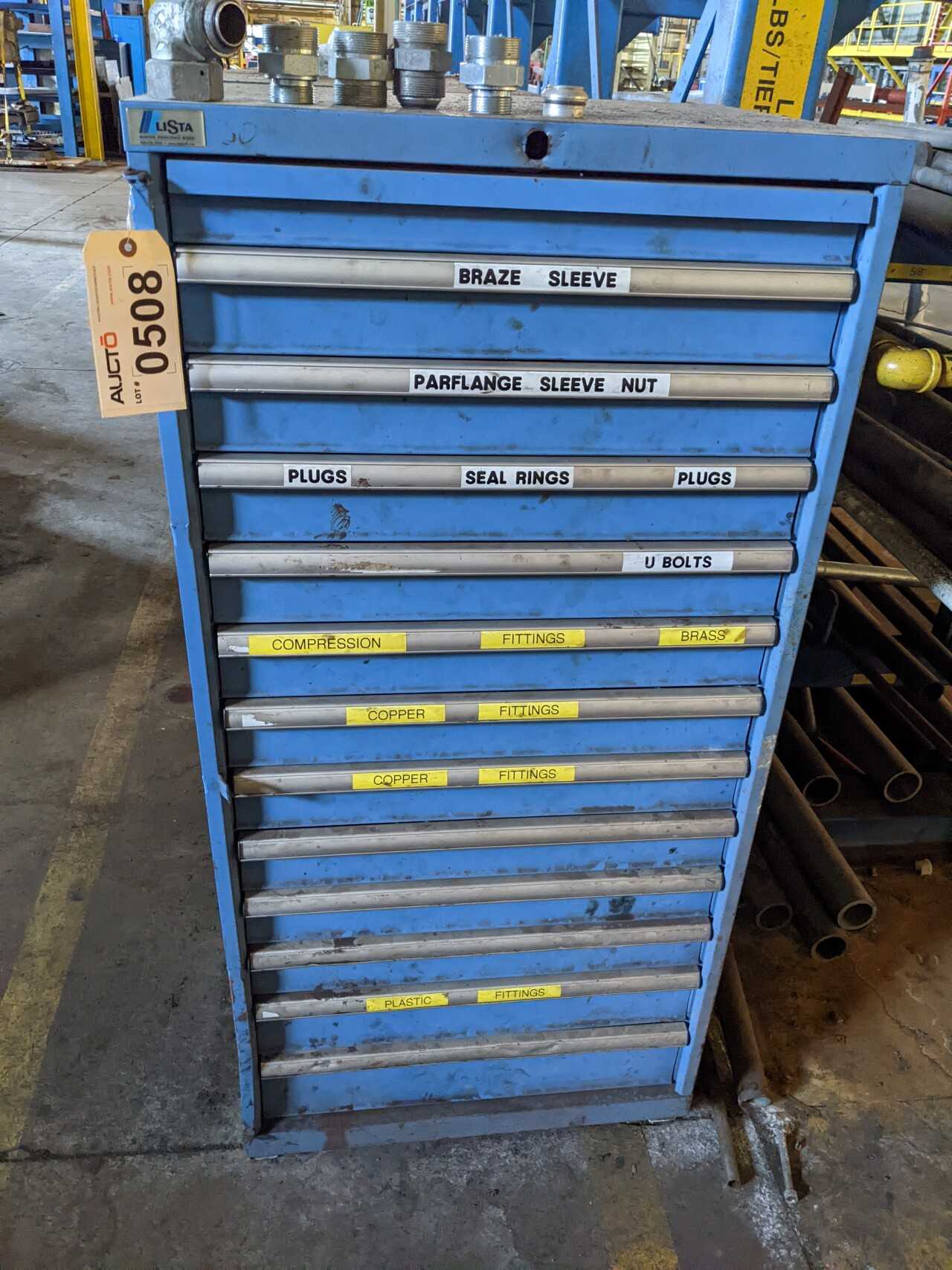 12 DRAWER LISTA TOOL CABINET WITH CONTENTS, ASSORTED COPPER FITTINGS, COMPRESSION FITTINGS, SLEEVES, RINGS - TOOL STORAGE