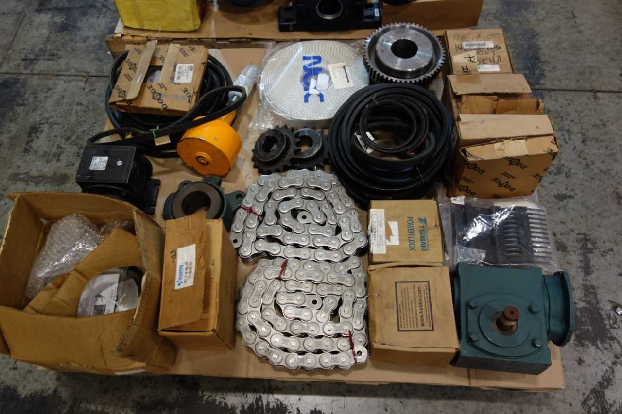 2 PALLETS OF ASSORTED BELTS, ROW CHAIN SPROCKETS, ROLLER CHAIN, GEAR REDUCERS- DODGE, TB WOODS, FALK - GEAR REDUCERS