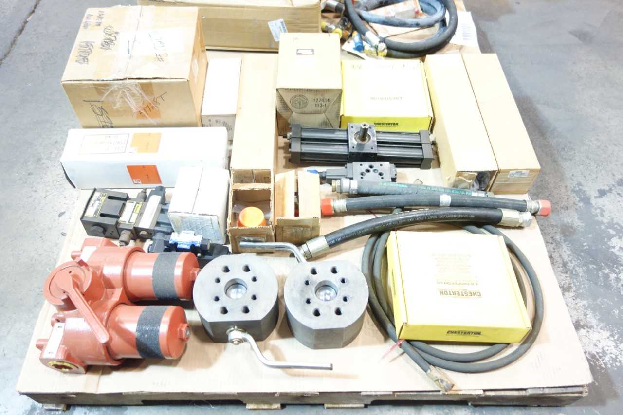 2 PALLETS OF ASSORTED FILTERS VALVES, HOSES, CYLINDERS, MOTOR, PUMP- PARKER, VICKERS, BALDWIN - VALVES