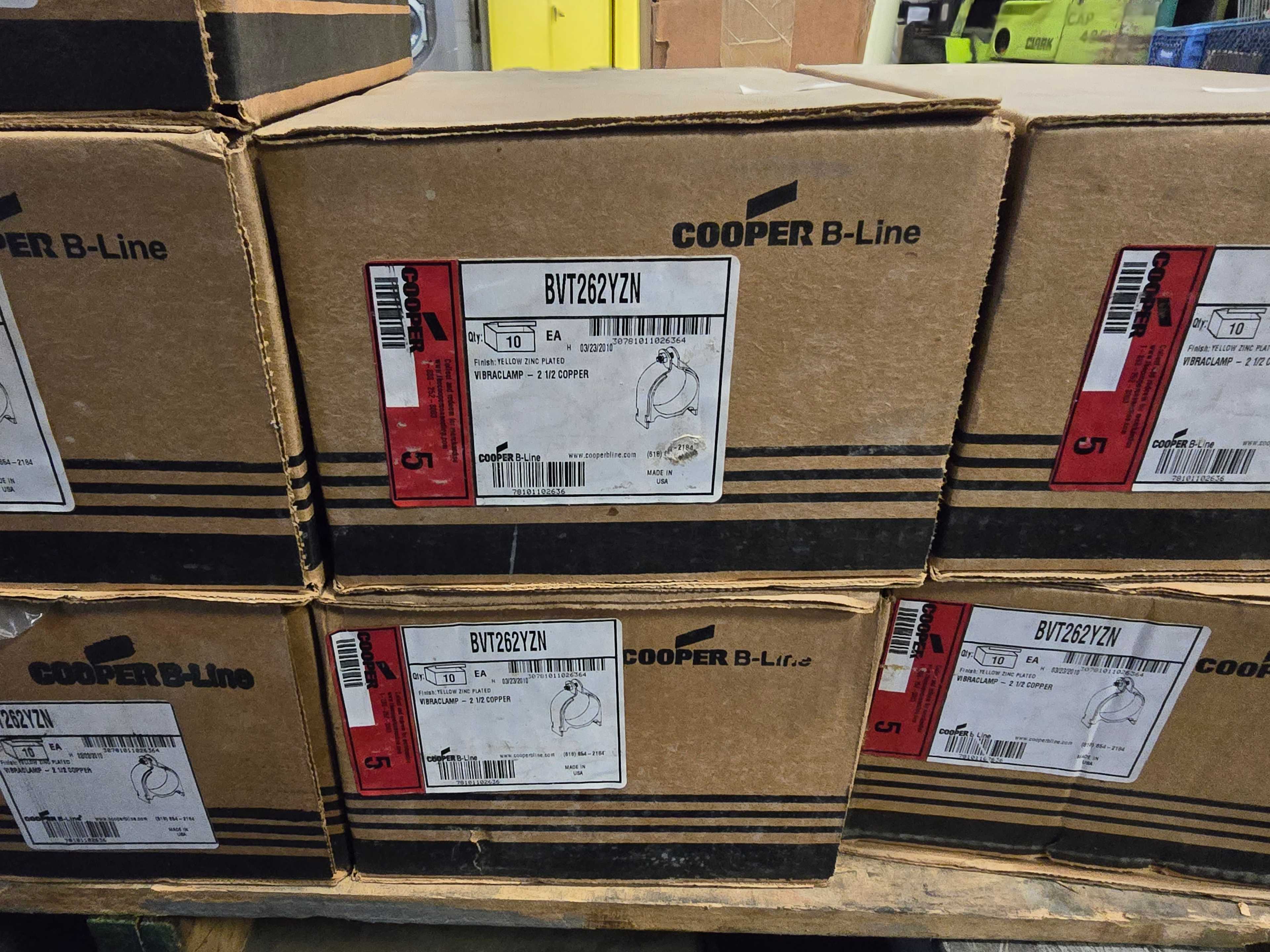 LOT OF 11 BOXES OF COOPER B-LINE BVT262YZN VIBRA CLAMPS - INDUSTRIAL PARTS LOT OF 11 BOXES OF COOPER B-LINE BVT262YZN VIBRA CLAMPS - INDUSTRIAL PARTS