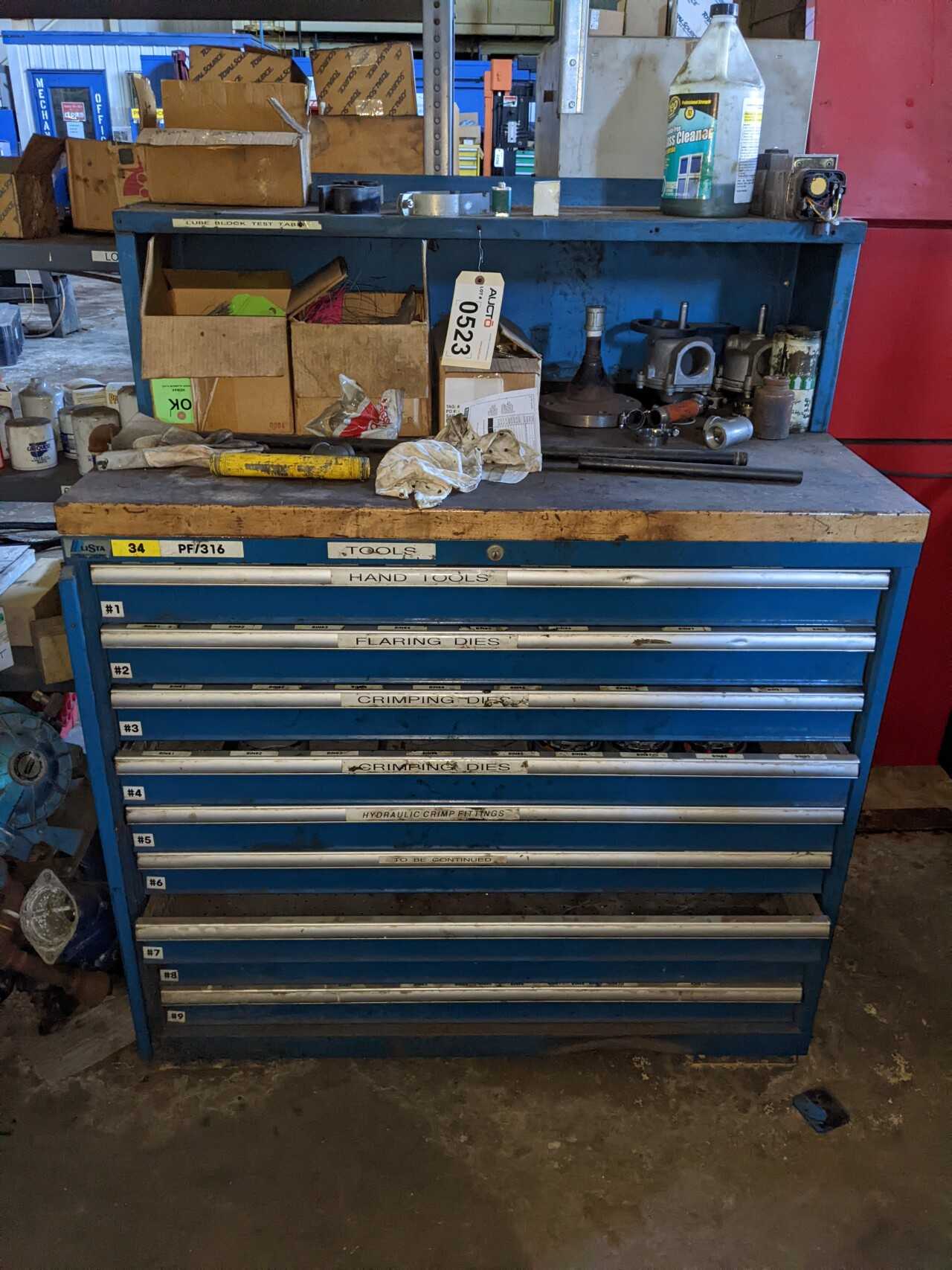 9 DRAWER LISTA TOOL CABINET WITH CONTENTS, ASSORTED HAND TOOLS, HAMMERS, CRIMPERS, CRIMP FITTINGS, - TOOL STORAGE