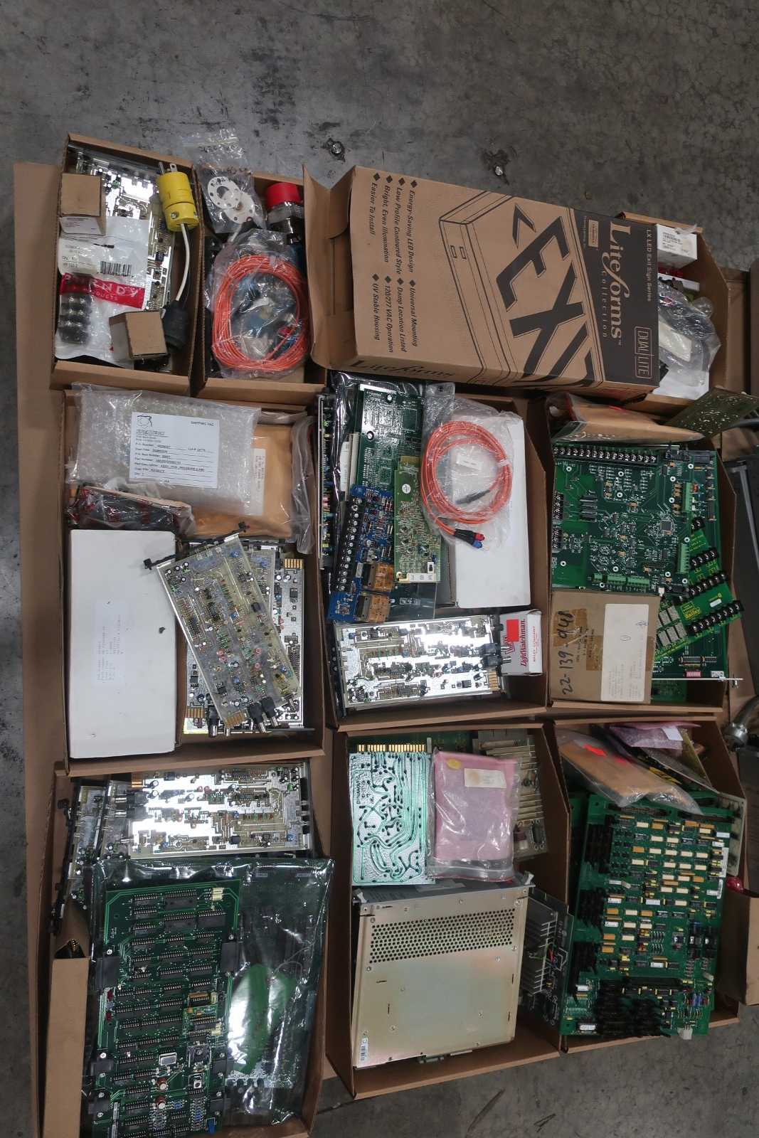 2 PALLETS OF ASSORTED ELECTRICAL CIRCUIT BOARDS, 66BC-0 M/66B OTHER PLC AND DCS MODULE , POWER SUPPLY, EXIT SIGNS, MODULES- BURNDY PRODUCTS, NUS, FOXBORO, RIPLEY CO, ENERTECH, BAILEY, HUBBELL LIGHTING INC. - AUTOMATION & CONTROLS