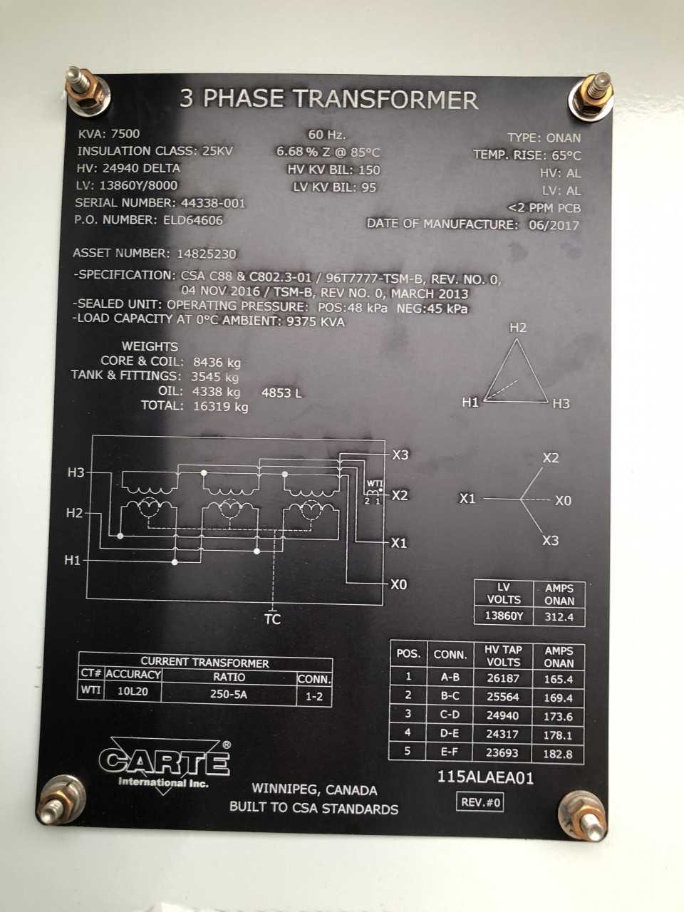 2017 Carte 7500KVA 24000VAC Oil Filled Transformer - CONTROL TRANSFORMERS