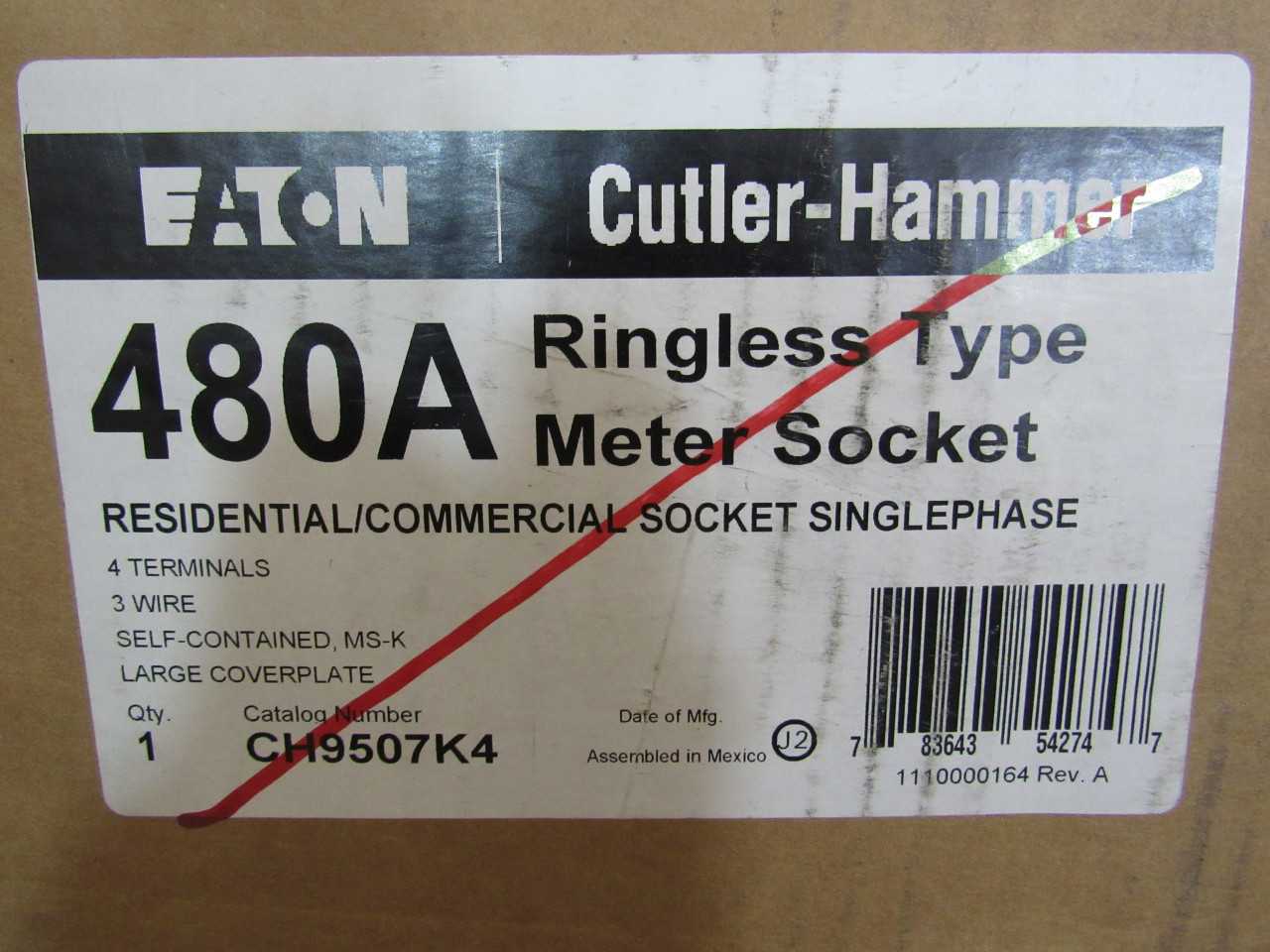 (1) Eaton CH9507K4 Meter Socket 480A 1 Ph 3 Wire 4 Jaws - ELECTRICAL COMPONENTS (1) Eaton CH9507K4 Meter Socket 480A 1 Ph 3 Wire 4 Jaws - ELECTRICAL COMPONENTS