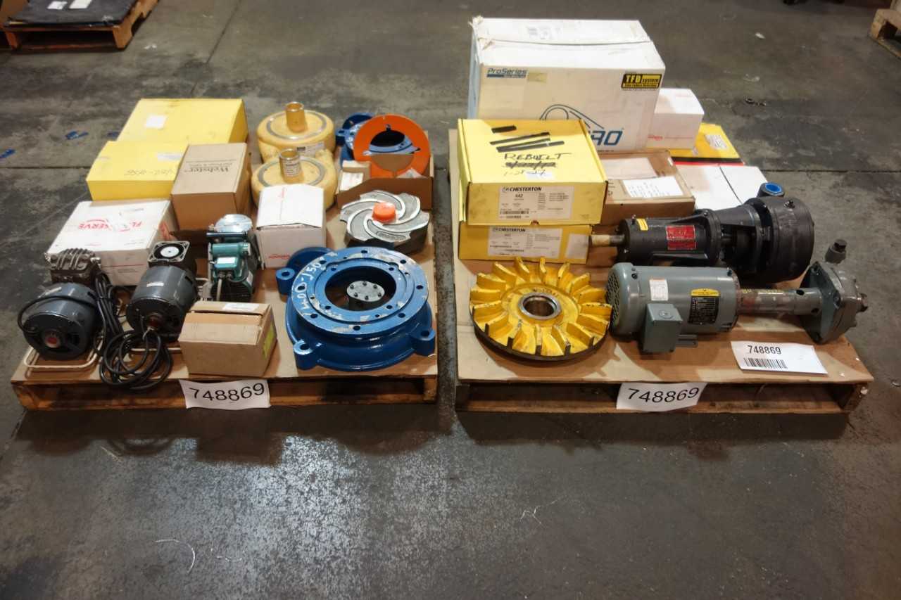 2 PALLETS OF ASSORTED PUMPS, PUMP PARTS & ACCESSORIES- CHESTERTON, GOULDS, FLOWSERVE - PUMPS