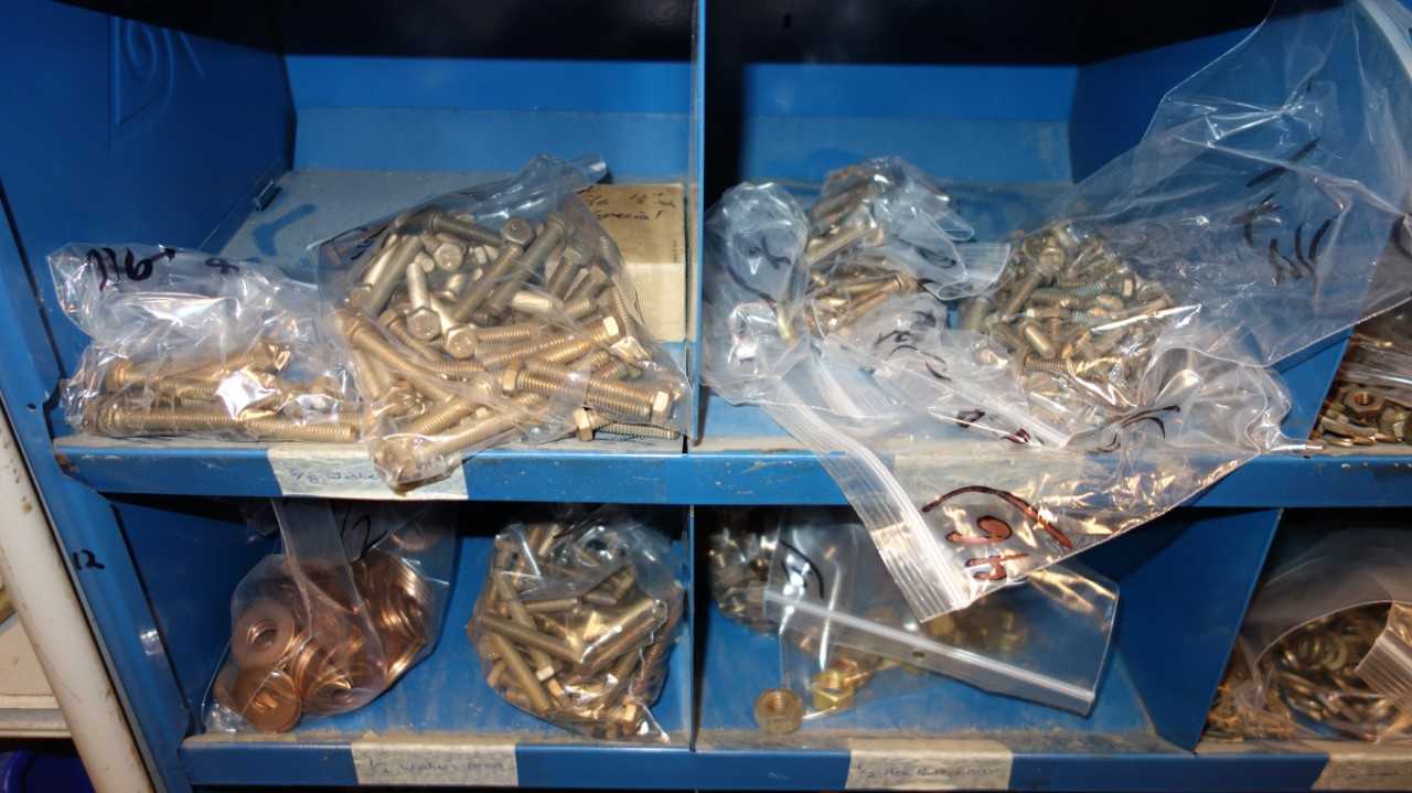 CONTENTS OF 2X STACKED PIGEON HOLE CABINETS, ASSORTED BRASS HARDWARE - INDUSTRIAL PARTS