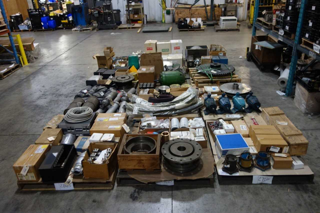 12 PALLETS OF ASSORTED PROCESS EQUIPMENT SPARES MRO, MODULES, RECEPTACLES, SWITCHES, PUMPS, IMPELLERS, REDUCERS, MOTORS, CYLINDERS, VALVES - ELECTRICAL COMPONENTS