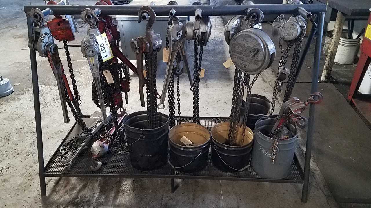 LOT OF ASSORTED 1/2 1 1-1/2 TON CM CYCLONE COFFING MANUAL CHAIN HOIST W/ RACK - LIFTING EQUIPMENT LOT OF ASSORTED 1/2 1 1-1/2 TON CM CYCLONE COFFING MANUAL CHAIN HOIST W/ RACK - LIFTING EQUIPMENT
