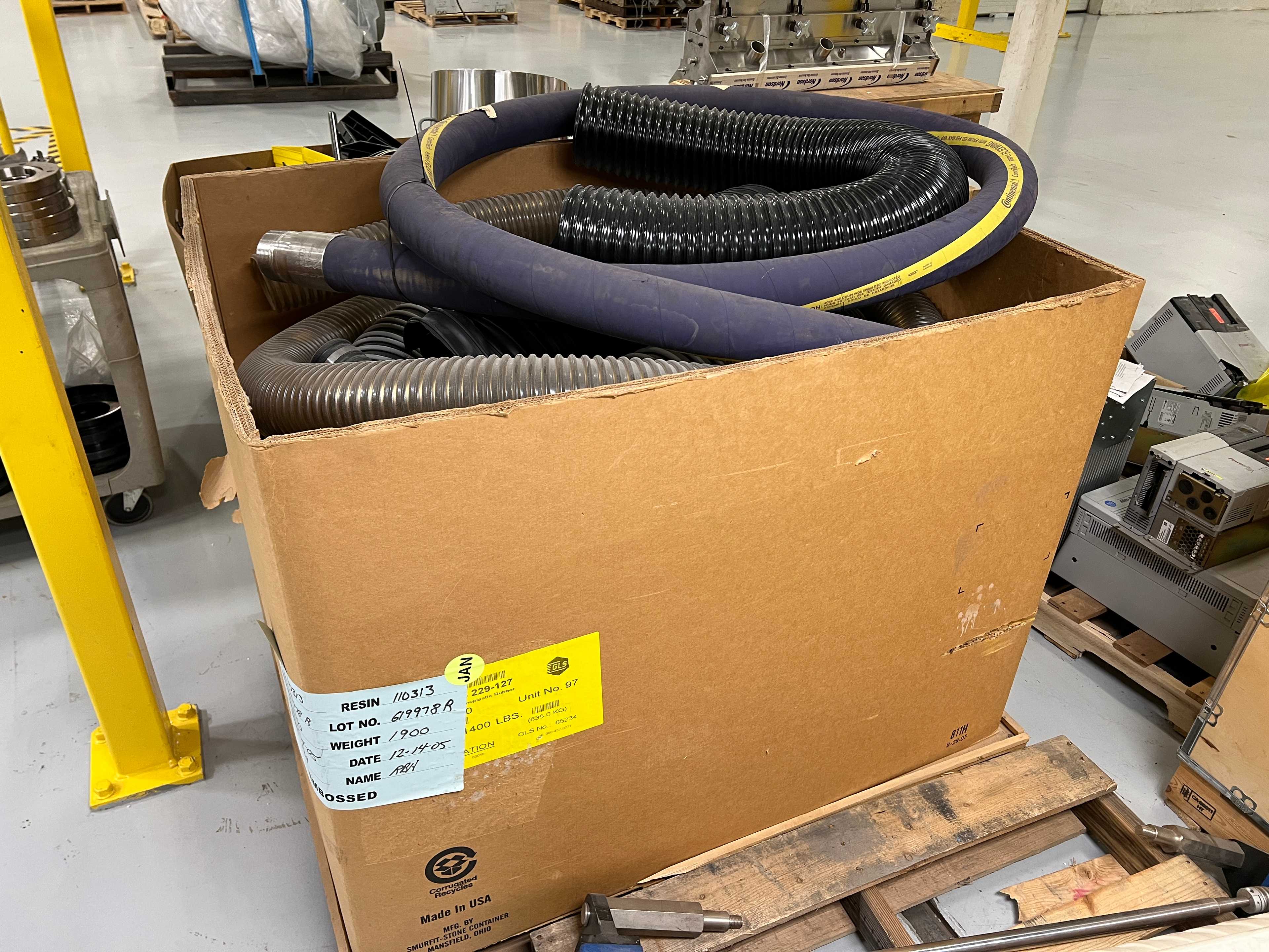 ASSORTED SPARE PARTS - ROLLERS, HOSES, NORDSON EDI PARTS, HEATERS, LARGE AC MOTORS - ELECTRIC MOTORS