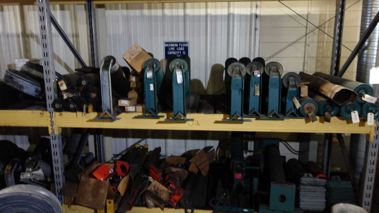 CONTENTS OF 3 SHELF COLUMNS, IDLERS, BELTS, GASKETS - MACHINING ACCESSORIES & TOOLING