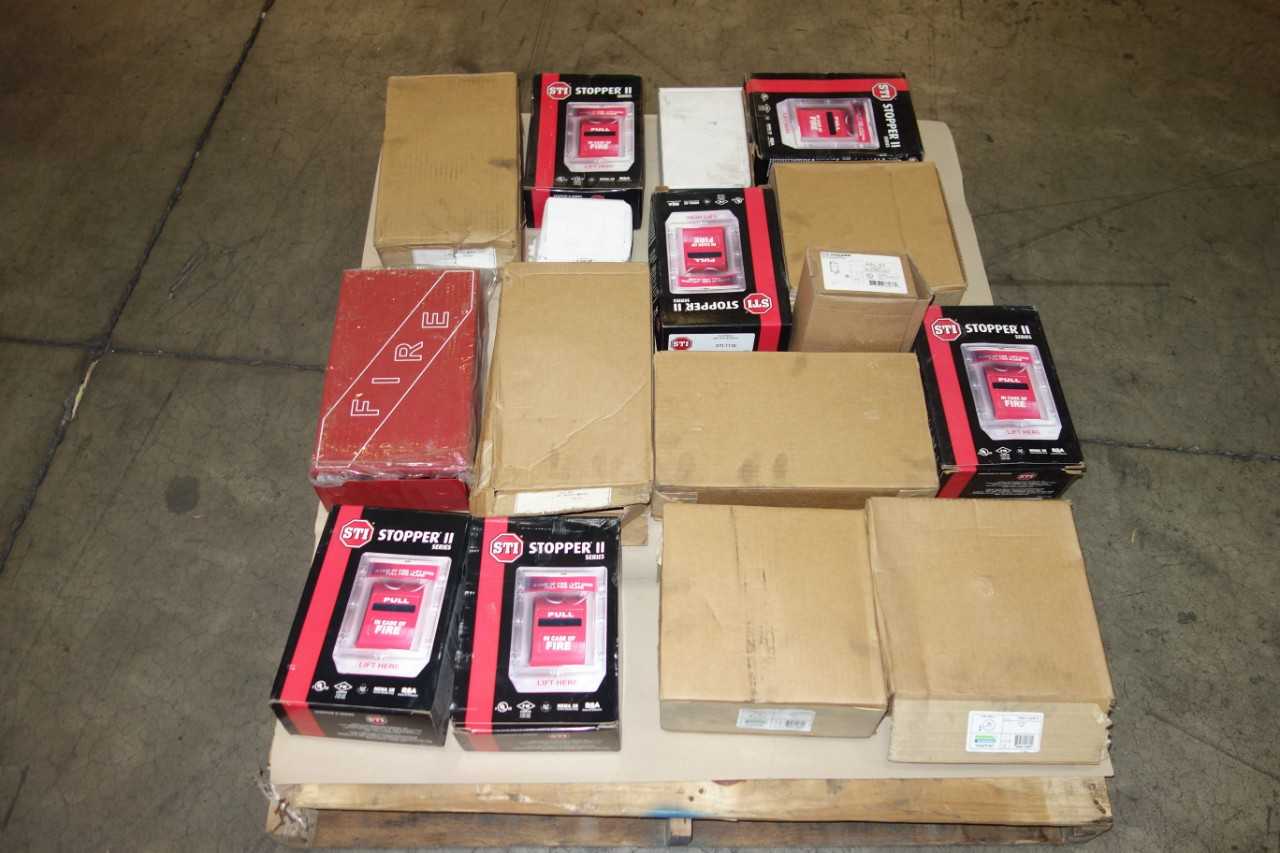 1 PALLLET OF ASSORTED FIRE ALARMS, SAFETY EQUIPMENT, STROBE LIGHTS, STI, EDWARDS, GENERAL ELECTRIC - SAFETY EQUIPMENT