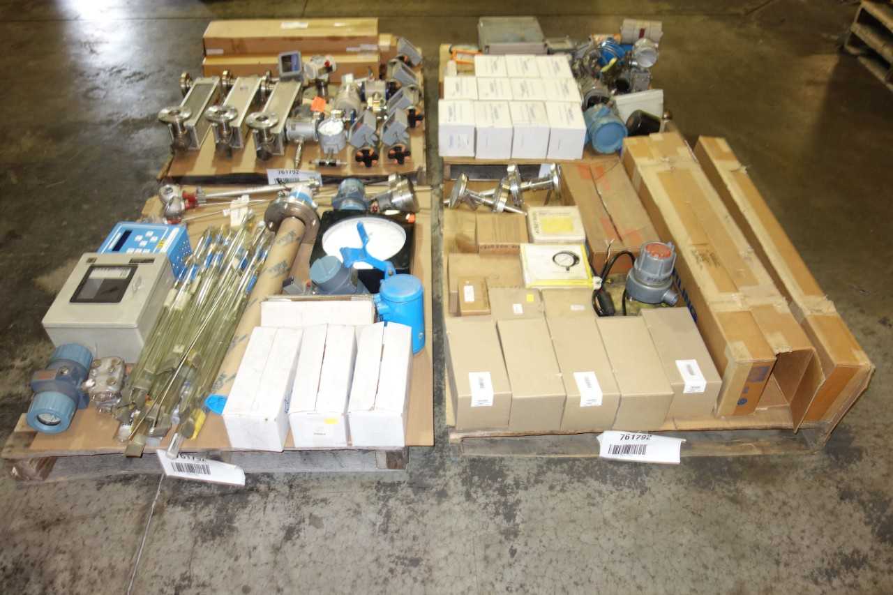 4 PALLETS OF ASSORTED TRANSMITTERS, SENSORS, FLOW METERS, ANALYZERS, CONTROLS, GAUGES, THERMOCOUPLE AND ACCESSORIES - ELECTRICAL COMPONENTS