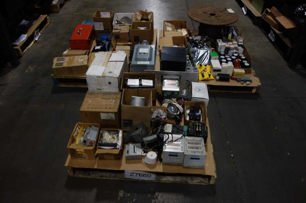 3 PALLETS OF ASSORTED ELECTRICAL - CIRCUIT BREAKERS, LIGHTING, MOTOR, MONITORS - ALLEN BRADLEY, APPLETON, DURAG, GENERAL ELECTRIC, SYLVANIA - CIRCUIT BREAKERS