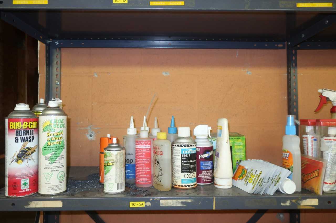 CONTENTS OF SHELF, ASSORTED CONSUMABLE SUPPLIES, OIL, JOINT COMPOUNDS, DUCT SEALANT, FIRE-STOP MOUSSE, SPRAYS - SAFETY EQUIPMENT
