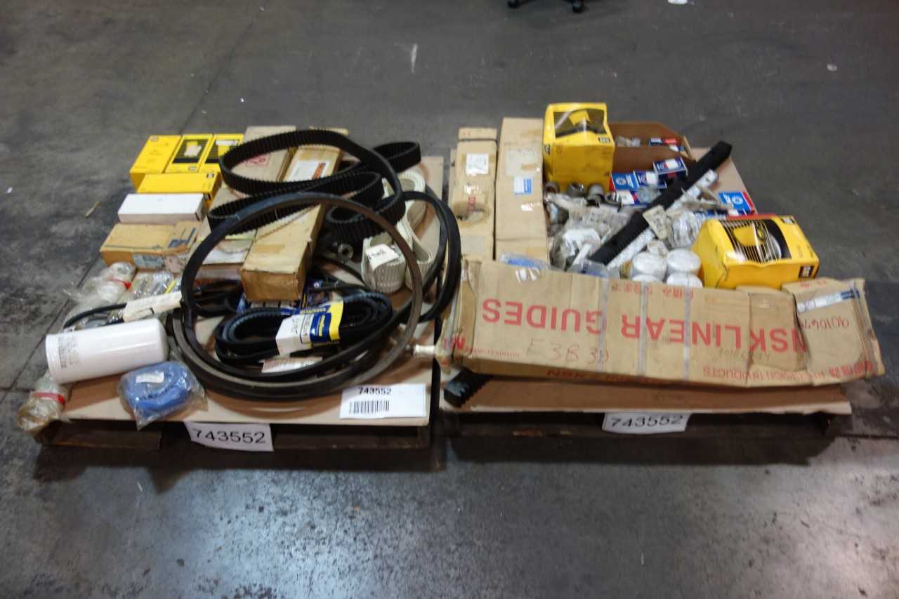 2 PALLETS OF ASSORTED BELTS, BEARINGS, OIL FILTERS- TIMKEN, CAT, SKF, THK, FANIR, KOYO - BEARINGS