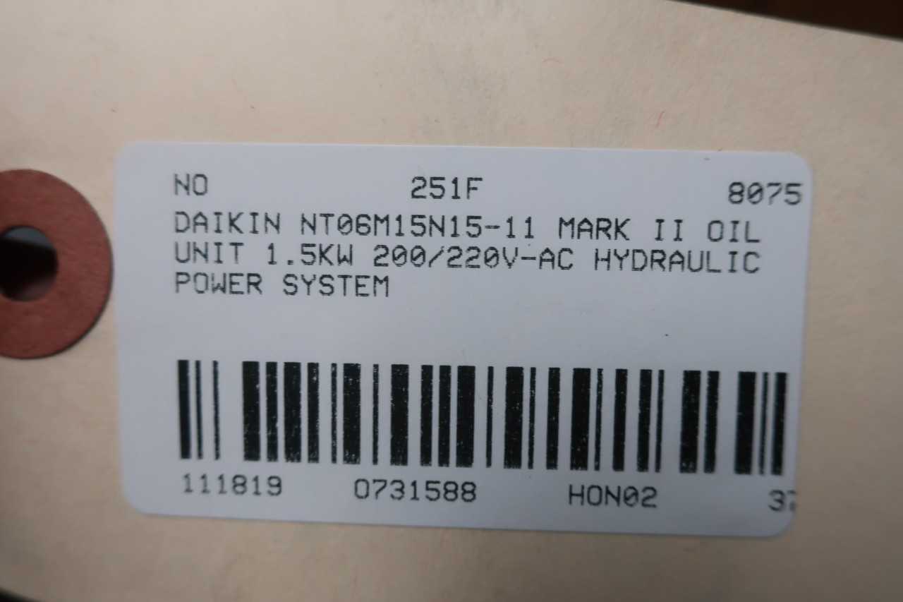 DAIKIN NT06M15N15-11 MARK II OIL UNIT 1.5KW 200/220V-AC HYDRAULIC POWER SYSTEM - PROCESS EQUIPMENT