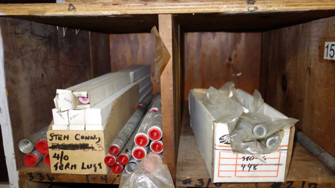 CONTENTS OF PIGEON HOLE CABINET, ASSORTED ELECTRIC CONNECTORS, TERMINAL LUGS - ELECTRICAL COMPONENTS