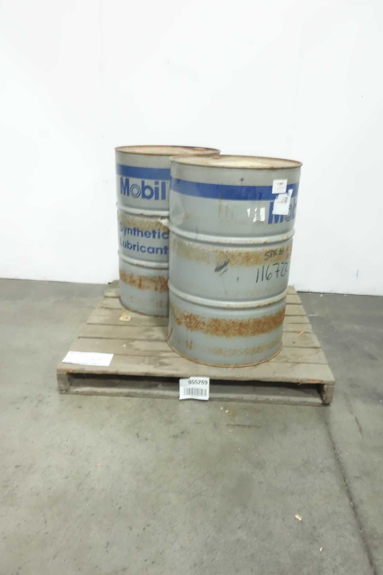 LOT OF 2 FULL 55 GALLON DRUMS OF MOBIL SHC 639 SYNTHETIC BEARING AND GEAR OIL - BEARINGS