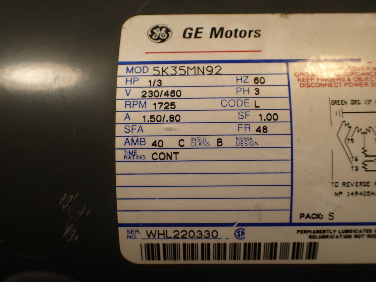 General Electric GE 5K35MN92 K577 1/3-HP 1725-RPM 230/460V 3-ph Motor 1/2" Shank - ELECTRIC MOTORS