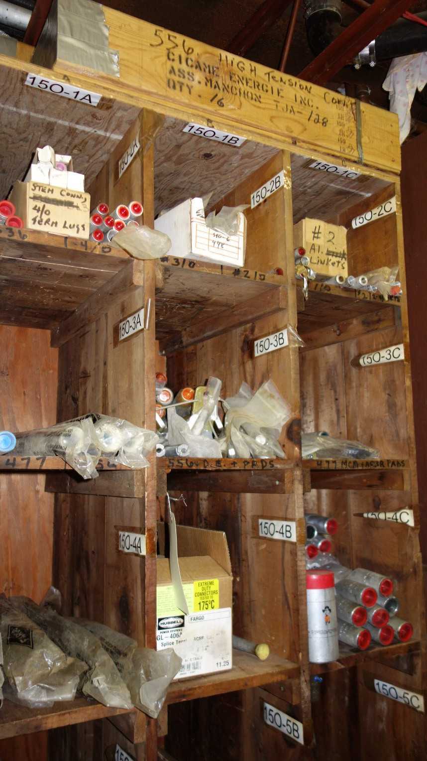 CONTENTS OF PIGEON HOLE CABINET, ASSORTED ELECTRIC CONNECTORS, TERMINAL LUGS - ELECTRICAL COMPONENTS