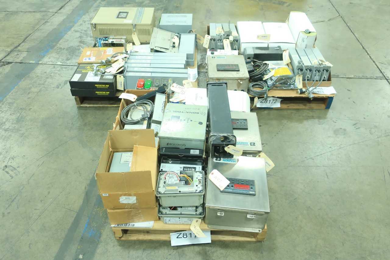 3 PALLETS OF ASSORTED ELECTRICAL CONTROLS, DOCK-LOCK, AMP CONTROLS, H.E.S.I., AUTOBALANCE PULSEFLOW, TRANSISTOR CONTROLS- YASKAWA, WADDINGTON, CENERAL ELECTRIC, NUS, RAYMOND, RITE LITE, HARDY INSTRUMENTS, FORNEY CORP, RELIANCE ELECTRIC, RICHMOND, GEMCO, T - ELECTRICAL COMPONENTS