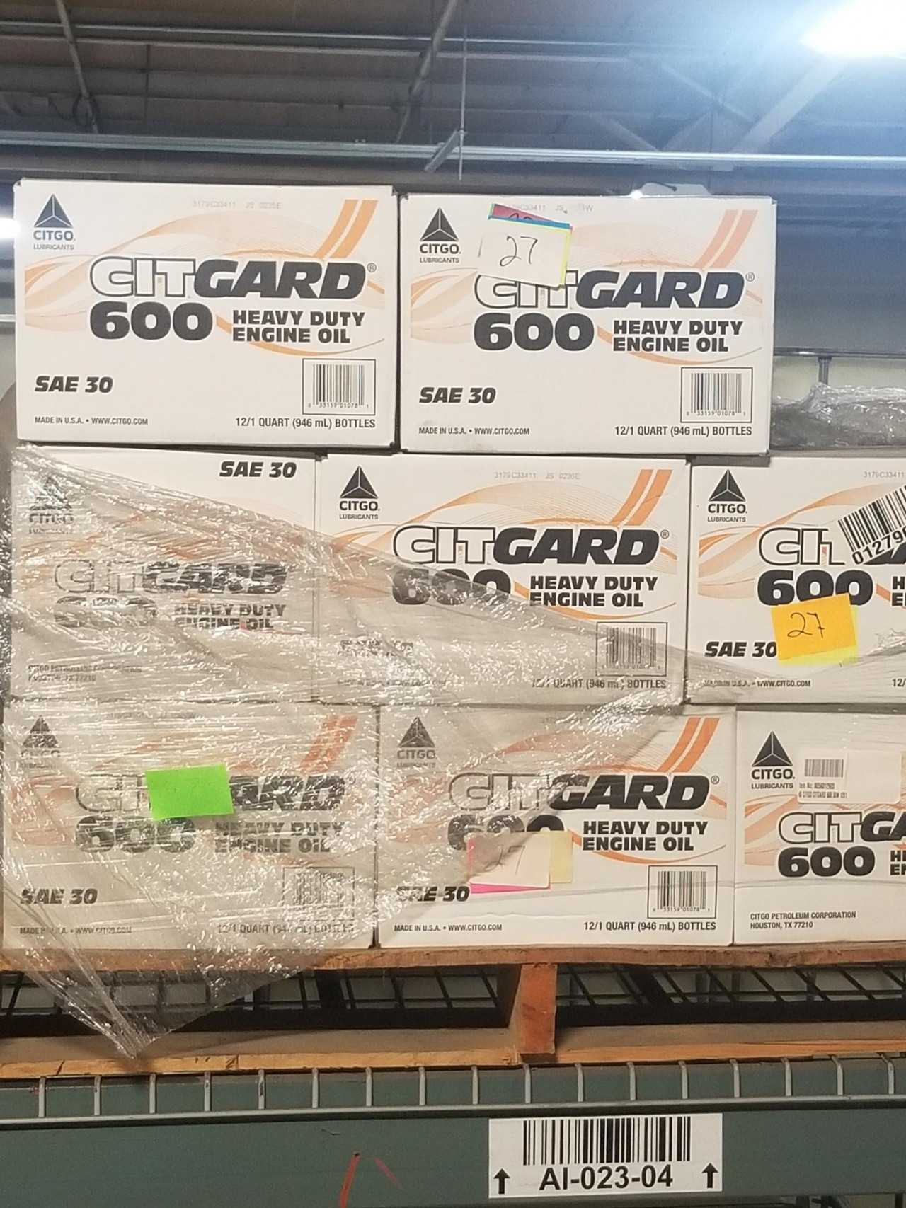 Lot of 27 Cases - CITGO CITGARD 600 HEAVY DUTY ENGINE OIL 30W 12X1QT - MISCELLANEOUS