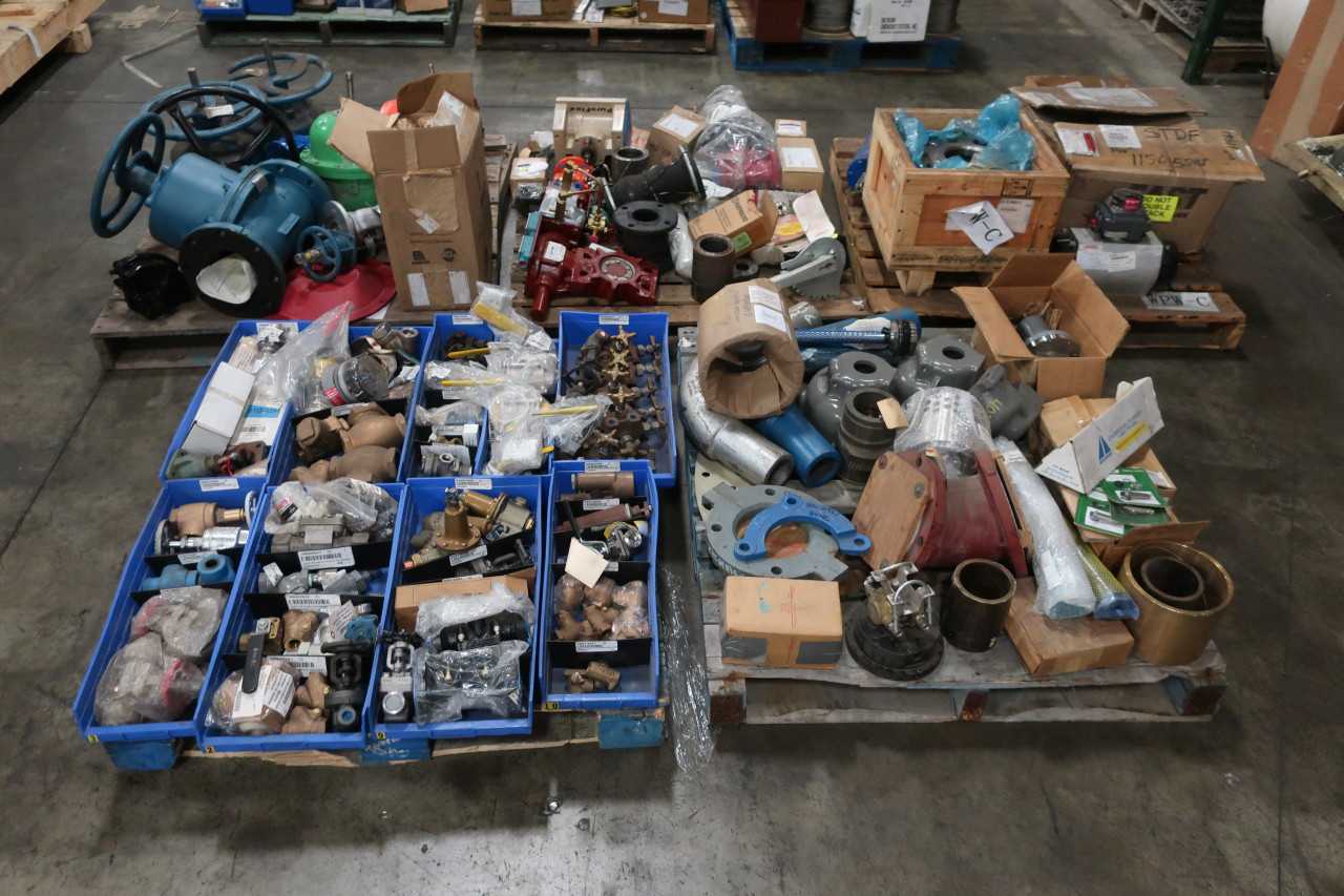 5 PALLETS OF ASSORTED VALVES CHECK BALL BUTTERFLY GLOBE LIMITORQUE EDWARD - VALVES
