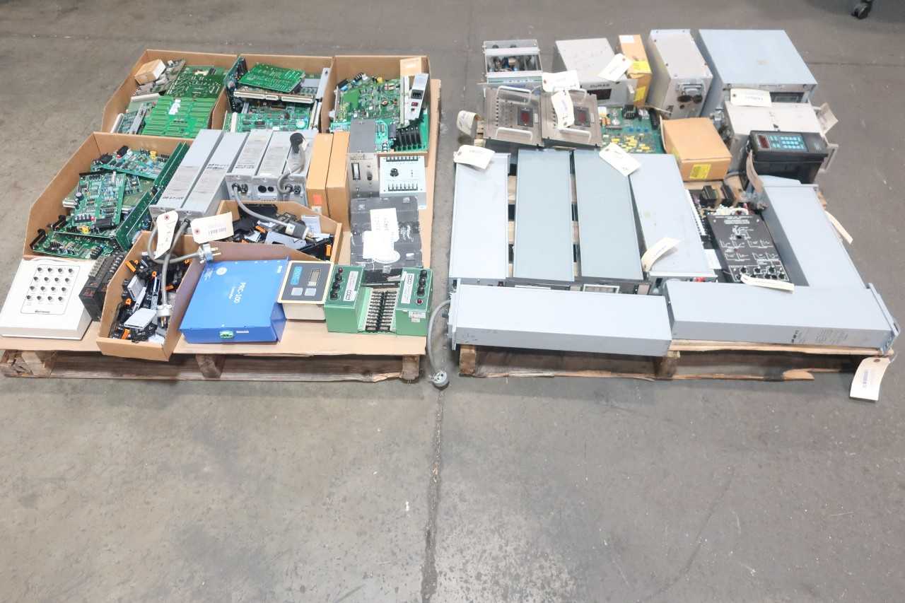 2 PALLETS OF ASSORTED ELECTRICAL MODULES, CIRCUIT BOARDS, CRT CONTROLLER, AUTO REVERSE CONTROLLER, AC CONTROLLERS, CONTROLLERS- PECO, THORNTON, EMERSON, DELTAV, ABB, FOXBORO, CONTREX, KRONES, GORMAN RUPP - AUTOMATION & CONTROLS